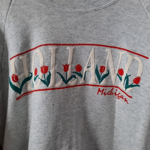 Vintage 1991 Holland Michigan tulips 3D spellout graphic gray raglan crewneck - Picture 5 of 13